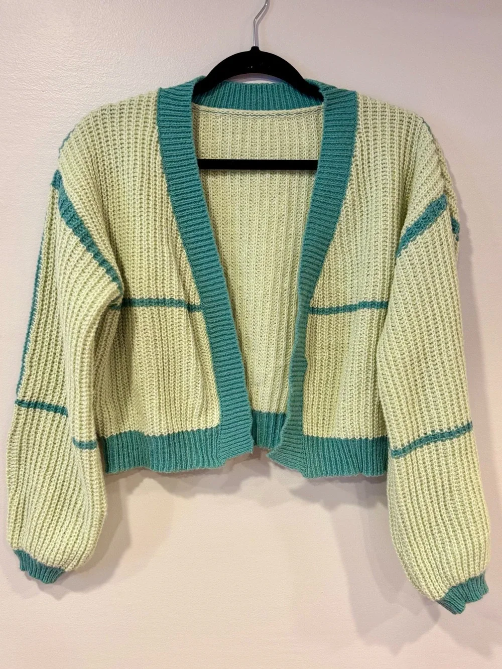 SHEIN Cropped Contrast Trim Open Front Cardigan Seafoam Green Women's Small